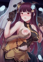 Rule 34 | 1boy, 1girl, bare arms, bare shoulders, belt, blush, grabbing another&#039;s breast, breasts, brown belt, girls&#039; frontline, gloves, grabbing, hair ornament, hands up, highres, large breasts, long hair, mingke, navel, nipples, official alternate costume, parted lips, purple hair, red eyes, side ponytail, skirt, solo focus, wa2000 (girls&#039; frontline), wa2000 (haunted castle) (girls&#039; frontline), yellow skirt