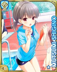 Rule 34 | 3girls, :o, blue hoodie, blue one-piece swimsuit, brown hair, card (medium), competition swimsuit, day, girlfriend (kari), hood, hood down, hoodie, looking at viewer, multiple girls, official art, one-piece swimsuit, open mouth, pool, pool ladder, poolside, qp:flapper, red eyes, school, shigino mutsumi, short twintails, silver hair, sitting, standing, swimsuit, twintails