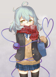 Rule 34 | ahoge, alternate costume, bag, black jacket, black thighhighs, blue bow, blue bowtie, blue skirt, bow, bowtie, commentary, cowboy shot, furobai (onunku), green eyes, green hair, grey background, heart, heart of string, highres, jacket, komeiji koishi, light green hair, looking to the side, miniskirt, plaid, plaid scarf, plaid skirt, red scarf, scarf, short hair, simple background, skirt, standing, sweater, thighhighs, third eye, touhou, yellow sweater