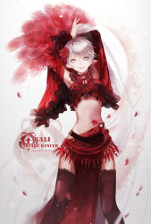 Rule 34 | 10s, 1girl, animal ears, armpits, arms up, bad id, bad pixiv id, black thighhighs, breasts, character name, copyright name, dragon nest, flower, grey eyes, grey hair, grin, hair flower, hair ornament, highres, kali (dragon nest), loincloth, long hair, nail polish, navel, petals, ponytail, red flower, red nails, red rose, rose, satsuya, short hair, smile, solo, thighhighs, very long hair