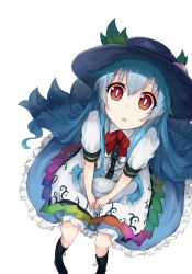 Rule 34 | 1girl, blue hair, boots, dress, food, from above, fruit, hat, highres, hinanawi tenshi, long hair, looking at viewer, monobe tsukuri, peach, red eyes, simple background, sitting, solo, touhou, white background