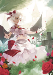Rule 34 | 1girl, adapted costume, bat wings, bell tower, bow, choker, cross, female focus, flower, grave, hat, nanahara fuyuki, navel, aged up, open mouth, petals, pocket watch, red eyes, red flower, red rose, remilia scarlet, rose, short hair, solo, tears, touhou, watch, white hair, wings