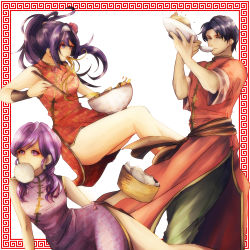 Rule 34 | 1boy, 2girls, alternate costume, alternate hairstyle, bamboo nin, blue hair, bowl, breasts, china dress, chinese clothes, chopsticks, dress, dumpling, earrings, eating, fire emblem, fire emblem: path of radiance, fire emblem: radiant dawn, flower, food, fried rice, green eyes, hair flower, hair ornament, hairband, ilyana (fire emblem), jewelry, long hair, low-tied long hair, mia (fire emblem), multiple girls, nintendo, noodles, purple eyes, purple hair, sash, small breasts, spoon, twintails, zelgius (fire emblem)