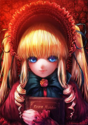 Rule 34 | 1girl, black ribbon, blonde hair, blue eyes, blunt bangs, blush, bonnet, book, bow, bowtie, closed mouth, copyright name, dress, drill hair, eyebrows, floral background, flower, frilled sleeves, frills, hair ribbon, holding, holding book, light particles, long hair, misaki (kyal 001), red dress, red flower, red lips, red rose, ribbon, rose, rozen maiden, shade, shinku, sidelocks, smile, solo, twin drills, twintails, upper body