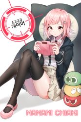 Rule 34 | 1girl, bad id, bad pixiv id, beige skirt, black jacket, black thighhighs, character name, commentary request, creatures (company), danganronpa (series), danganronpa 2: goodbye despair, flipped hair, foot out of frame, game freak, gen 1 pokemon, hair ornament, hairclip, handheld game console, highres, holding, jacket, long sleeves, nanami chiaki, nintendo, pink eyes, pink footwear, pink hair, pink ribbon, playing, pokemon, pokemon (creature), ribbon, shirt, shoes, short hair, sitting, skirt, snorlax, solo, thighhighs, white shirt, yuhi (hssh 6)
