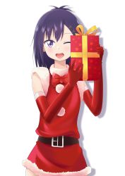 Rule 34 | 1girl, ;d, absurdres, alternate costume, belt, blush, christmas, commentary request, dress, elbow gloves, fur-trimmed dress, fur trim, gabriel dropout, gift, gloves, hair between eyes, hair ornament, hairclip, highres, holding, holding gift, looking at viewer, medium hair, meng jiang, one eye closed, open mouth, purple eyes, purple hair, red dress, red gloves, santa costume, sleeveless, sleeveless dress, smile, solo, star (symbol), star print, transparent background, vignette tsukinose april, x hair ornament