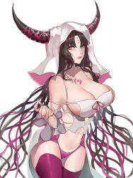 Rule 34 | 1girl, absurdres, bare shoulders, beiwushide lr, black hair, blush, breasts, cleavage, cowboy shot, facial mark, fate/grand order, fate (series), forehead mark, groin, hand up, highres, horns, large breasts, legs, legs together, lipstick, long hair, looking at viewer, makeup, navel, orange eyes, parted lips, pink lips, revealing clothes, sessyoin kiara, simple background, solo, standing, tattoo, thighhighs, thighs, thong, white background