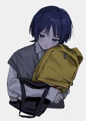 Rule 34 | 1boy, alternate costume, backpack, bag, blue eyes, blue hair, closed mouth, cropped torso, genshin impact, grey background, grey sweater vest, holding, holding bag, io spr, long sleeves, male focus, scaramouche (genshin impact), shirt, simple background, solo, sweater vest, upper body, white shirt