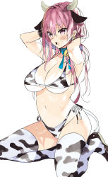 Rule 34 | 1girl, animal ears, animal print, araki kanao, arms up, bell, bikini, black bikini, black thighhighs, blue ribbon, blush, breasts, chinese zodiac, cleavage, collarbone, commentary, cow ears, cow horns, cow print, cow tail, earrings, full body, hair between eyes, hands in hair, highres, horns, jewelry, kneeling, large breasts, long hair, midriff, navel, open mouth, original, pink eyes, pink hair, ribbon, side-tie bikini bottom, simple background, solo, sweat, sweatdrop, swimsuit, tail, thighhighs, thighs, two-tone bikini, two-tone legwear, underboob, white background, white bikini, white thighhighs, year of the ox