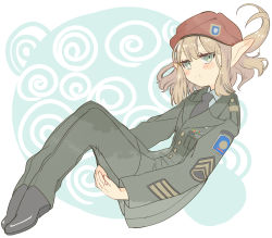 Rule 34 | 1girl, beret, black footwear, black necktie, blonde hair, boots, full body, green eyes, green jacket, green pants, hall jion, hat, highres, jacket, long sleeves, looking at viewer, military, military jacket, military uniform, mizuhashi parsee, necktie, pants, pointy ears, pout, red hat, solo, touhou, uniform
