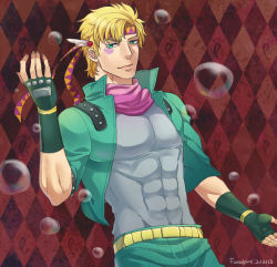 Rule 34 | 1boy, argyle, argyle background, argyle clothes, battle tendency, belt, blonde hair, bubble, caesar anthonio zeppeli, cropped jacket, dated, facial mark, feather hair ornament, feathers, fingerless gloves, foxvulpine, gloves, green eyes, green gloves, green jacket, hair ornament, headband, jacket, jojo no kimyou na bouken, male focus, muscular, ribbon, scarf, signature, solo, studded jacket, tight clothes