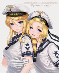 Rule 34 | 2016, 2girls, :d, artist name, blonde hair, blue eyes, blush, breasts, character name, copyright name, dated, english text, gloves, gneisenau (warship girls r), hair between eyes, hair over shoulder, hand on another&#039;s arm, hand on another&#039;s hand, hat, highres, lips, looking at viewer, medium breasts, military, military uniform, mole, mole under mouth, multiple girls, open mouth, parted lips, rail (silverbow), sailor, sailor collar, sailor hat, scharnhorst (warship girls r), shirt, short sleeves, smile, teeth, text focus, uniform, upper body, warship girls r, white gloves, white hat, white shirt