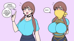 Rule 34 | 1girl, absurdres, arms behind back, artist self-insert, bandana, bandana over mouth, bdsm, black choker, blush, bondage, bound, breasts, brown hair, choker, commentary, earrings, english commentary, english text, eyeliner, eyeshadow, highres, index finger raised, jam-orbital, jewelry, large breasts, low twintails, makeup, open mouth, original, purple eyes, shibari, shibari over clothes, smile, sweatdrop, thick eyebrows, twintails, wristband, yellow bandana