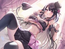 Rule 34 | 1girl, armpits, ayuma sayu, bare shoulders, bikini, bikini top only, black bikini, black choker, black hair, black headwear, black skirt, black thighhighs, breasts, character request, choker, cleavage, demon tail, detached collar, detached sleeves, frilled bikini, frills, hands up, large breasts, long hair, looking at viewer, midriff, monster company, multicolored hair, navel, open mouth, pleated skirt, see-through, see-through sleeves, skirt, solo, stomach, streaked hair, swimsuit, tail, thighhighs, thighs, underboob
