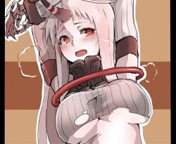Rule 34 | 10s, 1girl, abyssal ship, arms up, blush, breasts, dress, dyson (edaokunnsaikouya), horns, kantai collection, large breasts, long hair, open mouth, pale skin, red eyes, ribbed dress, seaport princess, single horn, solo, tears, torn clothes, underboob, white hair