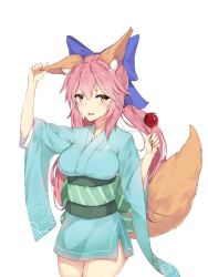 Rule 34 | 1girl, alios arvin, animal ears, blue bow, blush, bow, breasts, candy apple, fate (series), food, fox ears, fox tail, hair bow, highres, large breasts, long hair, looking at viewer, parted lips, pink hair, smile, solo, tail, tamamo no mae (fate/extra), twintails, yellow eyes