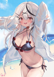 Rule 34 | 1girl, :d, absurdres, arms up, beach, bikini, black bikini, black hair, black ribbon, blue sky, blush, bow, breasts, cleavage, collarbone, cowboy shot, criss-cross halter, day, fang, grey hair, hair ornament, hairclip, halterneck, highres, hololive, large breasts, long hair, long sleeves, looking at viewer, multicolored hair, navel, ocean, open clothes, open mouth, open shirt, outdoors, red bow, red eyes, reitou mkn, ribbon, sakamata chloe, see-through, shirt, side-tie bikini bottom, skin fang, sky, smile, solo, stomach, streaked hair, swimsuit, two-tone hair, virtual youtuber, water, water drop, white shirt, x hair ornament