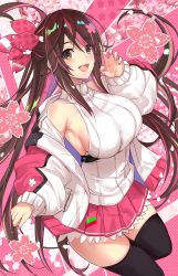 Rule 34 | 1girl, black thighhighs, breasts, brown hair, cherry blossoms, flower, hair flower, hair ornament, halterneck, highres, jacket, large breasts, long hair, looking at viewer, multicolored hair, nail polish, open clothes, open jacket, open mouth, original, paw pose, pink hair, pink skirt, skirt, solo, streaked hair, thighhighs, untue, yellow eyes