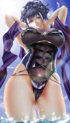 Rule 34 | 1girl, armpits, arms behind head, arms up, bare shoulders, black gloves, black one-piece swimsuit, blue sky, breasts, cameltoe, covered navel, fate/grand order, fate (series), fingerless gloves, flower, gloves, gold trim, hair flower, hair ornament, hair up, half gloves, highleg, highleg swimsuit, highres, large breasts, lens flare, long hair, looking at viewer, murasaki shikibu (fate), murasaki shikibu (swimsuit rider) (fate), murasaki shikibu (swimsuit rider) (first ascension) (fate), ocean, one-piece swimsuit, purple eyes, purple hair, sarong, shigemoto shigeru, sky, solo, swimsuit, thighs, wading