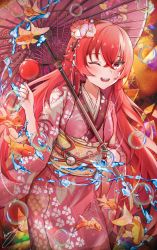 Rule 34 | 1girl, absurdres, ahoge, blush, breasts, bubble, candy apple, chinese commentary, commentary, eris greyrat, fingernails, fish, flower, food, goldfish, hair between eyes, hair flower, hair ornament, hand up, highres, holding, holding umbrella, humany, japanese clothes, kimono, long hair, long sleeves, looking at viewer, mushoku tensei, nail polish, oil-paper umbrella, one eye closed, open mouth, red eyes, red hair, red nails, signature, smile, solo, teeth, umbrella, upper teeth only, very long hair, water, wide sleeves
