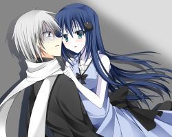 Rule 34 | 1boy, 1girl, ao oni, aqua eyes, bad id, bad nicoseiga id, blue eyes, blush, dress, gender request, genderswap, glasses, hair ornament, hiroshi (ao oni), long hair, looking at another, open mouth, pale skin, personification, round eyewear, scarf, sheepfold0613, sidelocks, silver hair, simple background, sweatdrop, the oni (ao oni)