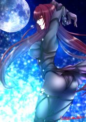 Rule 34 | 1girl, amano, armor, ass, bodysuit, breasts, fate/grand order, fate (series), gloves, large breasts, long hair, moon, panties, panties over pantyhose, pantyhose, purple hair, red eyes, scathach (fate), scathach (fate), solo, underwear, very long hair