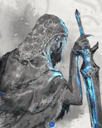 Rule 34 | 1boy, closed mouth, commentary, dark souls (series), english commentary, fingernails, hand up, highres, holding, holding sword, holding weapon, hood, hood up, long fingernails, lothric (younger prince), male focus, robe, sharp fingernails, shimhaq, signature, solo, sword, veil, weapon