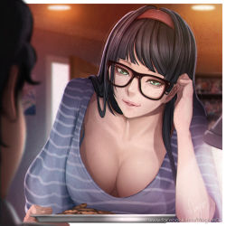 Rule 34 | 1boy, 1girl, adjusting hair, aqua eyes, artist name, black-framed eyewear, black hair, bookshelf, breasts, chocolate chip cookie, cleavage, cookie, door, downblouse, facebook username, food, freckles, glasses, hairband, indoors, large breasts, long hair, magion02, naughty face, original, parted lips, poster (object), shirt, signature, striped clothes, striped shirt, tray, watermark, web address