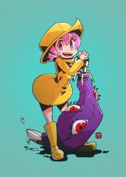 Rule 34 | 1girl, boots, bright pupils, drooling, fingers together, green background, hat, highres, hungern (skullgirls), leaning forward, leaning on object, looking at viewer, monster, neko mata g, open mouth, pink eyes, pink hair, raincoat, red eyes, short hair, skullgirls, smile, solo, umbrella, umbrella (skullgirls), white pupils