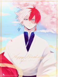 Rule 34 | 1boy, absurdres, blue eyes, blue sky, boku no hero academia, border, burn scar, cherry blossoms, dated, day, earrings, english text, falling petals, flamel symbol, foreground text, hair between eyes, hair blowing, happy birthday, heterochromia, highres, ice crystal, jewelry, light smile, long bangs, looking at viewer, male focus, multicolored hair, petals, raised eyebrow, red hair, scar, scar on face, short hair, signature, sky, smile, solo, split-color hair, sumicco 111, text focus, todoroki shouto, traditional clothes, two-tone hair, upper body, white hair, wind