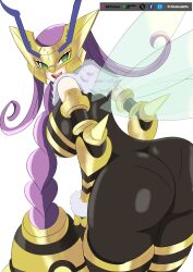 Rule 34 | 1girl, absurdres, antennae, arthropod girl, ass, bee girl, bodysuit, braid, braided ponytail, breasts, digimon, elbow pads, elbow spikes, fur-trimmed gloves, fur trim, gloves, green eyes, highres, insect girl, insect wings, large breasts, long hair, purple hair, queenbeemon, smile, wings