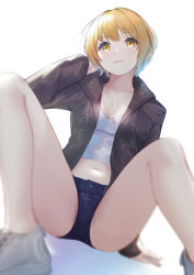 Rule 34 | 1girl, arm support, black jacket, blonde hair, blue shorts, blurry, blurry background, blurry foreground, breasts, cleavage, closed mouth, collarbone, crop top, denim, denim shorts, from below, hand in own hair, head tilt, idolmaster, idolmaster cinderella girls, jacket, jewelry, long sleeves, looking at viewer, mari (doraerin0), micro shorts, midriff, miyamoto frederica, navel, necklace, open clothes, open jacket, short hair, shorts, simple background, sitting, small breasts, solo, stomach, white background, yellow eyes
