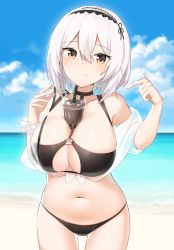 Rule 34 | 1girl, alternate costume, alternate eye color, azur lane, bad id, bad pixiv id, beach, between breasts, bikini, black bikini, black choker, blue sky, blurry, blurry background, breasts, brown eyes, bubble tea, bubble tea challenge, choker, cleavage, closed mouth, cloud, cloudy sky, commentary request, condensation, copiz, cup, day, disposable cup, drinking straw, foreshortening, front-tie top, hair between eyes, hair intakes, hairband, hands up, highres, huge breasts, lace-trimmed hairband, lace trim, legs apart, looking at viewer, navel, o-ring, o-ring bikini, o-ring top, ocean, off shoulder, outdoors, pointing, pointing at self, revision, sand, scrunchie, see-through, shiny skin, short hair, single bare shoulder, sirius (azur lane), sirius (scorching-hot seirios) (azur lane), skindentation, sky, smile, solo, standing, stomach, swimsuit, thighs, wet, wet clothes, wet hair, wet swimsuit, white hair, white scrunchie, wrist scrunchie