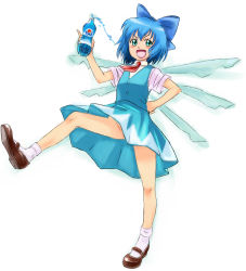 Rule 34 | 1girl, bottle, circled 9, cirno, cola, embodiment of scarlet devil, female focus, mary janes, no panties, note-takahashi, pepsi, pepsi blue, shoes, simple background, socks, soda, solo, spill, takahashi note, touhou, white background