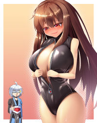 Rule 34 | 1boy, 1girl, bad id, bad pixiv id, blood, blush, breasts, brown hair, chibi, chibi inset, cleavage, front zipper swimsuit, full-face blush, glasses, highres, huge breasts, inconvenient breasts, long hair, m.u.g.e.n, meme attire, morichika rinnosuke, nosebleed, one-piece swimsuit, opaque glasses, original, red eyes, sendai hakurei no miko, solo focus, swimsuit, thumbs up, touhou, undersized clothes, unzipped, very long hair, yin yang, z.o.b