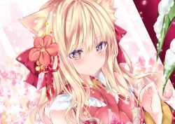 Rule 34 | 1girl, animal ear fluff, animal ears, blonde hair, blush, brown eyes, closed mouth, commentary request, floral background, floral print, flower, hair between eyes, hair flower, hair ornament, hand up, japanese clothes, kimono, long hair, long sleeves, looking at viewer, nail polish, nanase kureha, nanase nao, original, pink nails, print kimono, red flower, red kimono, snow, solo, upper body