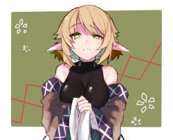 Rule 34 | 1girl, bare shoulders, blonde hair, breasts, green background, green eyes, highres, looking at viewer, medium breasts, medium hair, mizuhashi parsee, one-hour drawing challenge, pointy ears, sakuratsuki, solo, touhou, upper body