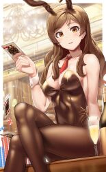 Rule 34 | 1girl, absurdres, alcohol, animal ears, bare shoulders, blush, breasts, brown eyes, brown hair, brown leotard, brown pantyhose, card, ceiling, chandelier, cleavage, collar, collarbone, covered navel, crossed legs, detached collar, dot nose, fake animal ears, from below, grass, highres, holding, holding card, idolmaster, idolmaster million live!, idolmaster million live! theater days, indoors, jack (playing card), king (playing card), kitazawa shiho, lens flare, leotard, long hair, looking at viewer, medium breasts, necktie, pantyhose, parted lips, playboy bunny, playing card, poker chip, queen (playing card), rabbit ears, red necktie, sitting, smile, solo, sparkle, strapless, strapless leotard, surps, white collar, white wrist cuffs, wrist cuffs