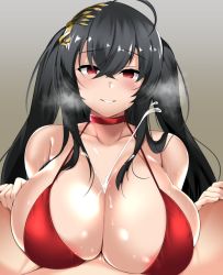 Rule 34 | 1boy, 1girl, ahoge, areola slip, azur lane, bare shoulders, black hair, blush, breasts, choker, circussion, cleavage, collarbone, commentary request, cum, dress, ejaculation, hair between eyes, hair ornament, heavy breathing, huge breasts, long hair, looking at viewer, motion lines, official alternate costume, paizuri, paizuri under clothes, parted lips, pov, red choker, red dress, red eyes, smile, solo focus, taihou (azur lane), taihou (forbidden feast) (azur lane)