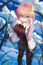 Rule 34 | 1girl, adjusting eyewear, baisi shaonian, black-framed eyewear, black dress, black pantyhose, blue sky, cloud, cloudy sky, day, dress, eyes visible through hair, fate/grand order, fate (series), glasses, grass, hair over one eye, hand on own hip, highres, hood, hoodie, looking at viewer, mash kyrielight, open clothes, open hoodie, outdoors, pantyhose, pink hair, pleated dress, pleated skirt, purple eyes, short dress, short hair, skirt, sky, solo, standing