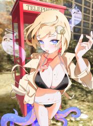 Rule 34 | 1girl, absurdres, bikini, blonde hair, blue eyes, blush, breasts, building, coat, commentary, english commentary, giving up the ghost, gurumie, hair ornament, halo, highres, hololive, hololive english, large breasts, mole, mole on breast, navel, necktie, outdoors, phone booth, short hair, sweat, swimsuit, takodachi (ninomae ina&#039;nis), tentacles, trench coat, virtual youtuber, watson amelia