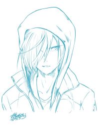 Rule 34 | 10s, 1boy, artist name, asymmetrical bangs, blue theme, commentary request, dated, hair over one eye, hood, hood up, hoodie, looking to the side, male focus, monochrome, shirt, sketch, smile, solo, t-shirt, twitter username, upper body, white background, yamato nadeshiko, yuri!!! on ice, yuri plisetsky