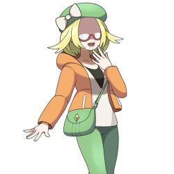 1girl :d asatsuki_(fgfff) bag beret bianca_(pokemon) bow commentary_request creatures_(company) game_freak glasses green_bag green_hat green_pants hand_up hat hat_bow hood hood_down hooded_jacket jacket long_sleeves nintendo opaque_glasses open_mouth orange_jacket pants pokemon pokemon_bw2 red-framed_eyewear semi-rimless_eyewear shaded_face shirt shoulder_bag simple_background smile solo teeth tongue upper_teeth_only white_background white_bow white_shirt