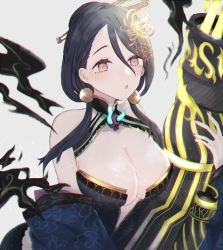 Rule 34 | 1girl, :o, akitama2727, bare shoulders, blue dress, blue hair, blue nails, breasts, brown eyes, cleavage, dress, earrings, grey background, hair between eyes, hair ornament, highres, holding, jewelry, kaguya (sinoalice), looking at viewer, nail polish, open mouth, quiver, simple background, sinoalice, solo