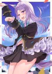 Rule 34 | 1girl, absurdres, animal ears, aqua bow, aqua ribbon, bad id, bad pixiv id, black coat, black skirt, blue sky, blush, bow, bowtie, clenched hands, coat, commentary request, ear ribbon, frilled coat, frilled shirt collar, frills, highres, hizuki higure, horse ears, horse girl, horse tail, long sleeves, looking at viewer, mejiro mcqueen (umamusume), miniskirt, open mouth, pleated skirt, ribbon, skirt, sky, solo, sweatdrop, swept bangs, tail, thighs, umamusume