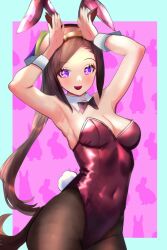 Rule 34 | 1girl, alternate costume, animal ears, animal print, armpits, arms up, bare shoulders, black pantyhose, blush, border, bow, bowtie, breasts, brown hair, cleavage, commentary request, cowboy shot, detached collar, ear ornament, fake animal ears, flower-shaped pupils, gold hairband, hairband, highleg, highleg leotard, horse ears, kisaragi shokuin, leotard, long hair, medium breasts, nontraditional playboy bunny, open mouth, outside border, pantyhose, pink background, pink leotard, ponytail, purple bow, purple bowtie, purple eyes, rabbit pose, rabbit print, sakura bakushin o (umamusume), smile, solo, strapless, strapless leotard, symbol-shaped pupils, umamusume, white border, wrist cuffs