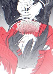 Rule 34 | 1girl, additional memory (vocaloid), black hair, black sailor collar, black serafuku, chrysanthemum, commentary request, covered mouth, crying, enpera, eyelashes, flower, flower over mouth, fringe trim, gradient flower, gradient hair, grey background, hair between eyes, half-closed eyes, hatching (texture), holding, holding flower, kagerou project, limited palette, linear hatching, long sleeves, looking down, multicolored hair, neckerchief, ouri (aya pine), pale skin, partial commentary, pink flower, red eyes, red scarf, sad, sailor collar, scarf, school uniform, serafuku, single stripe, sleeve cuffs, solo, spider lily, stalk, striped, tateyama ayano, tears, translated, upper body, upside-down, white flower, white neckerchief