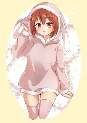 1girl :o animal_ears animal_hood blush border brown_eyes brown_hair commentary_request eda_udon full_body fur-trimmed_hood fur-trimmed_hoodie fur_trim heart highres hood hoodie long_hoodie long_sleeves looking_at_viewer lop_rabbit_ears nogi_wakaba_wa_yuusha_de_aru open_mouth outside_border oval_image pink_hoodie pink_thighhighs rabbit_ears rabbit_hood short_hair skindentation solo takashima_yuuna thighhighs white_background yellow_border yuusha_de_aru zettai_ryouiki