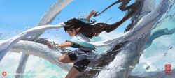 Rule 34 | 1girl, artist name, black eyes, blurry, brown hair, commentary, depth of field, earrings, english commentary, highres, hydrokinesis, jewelry, kan liu (666k), liquid, long hair, original, outstretched arms, patreon username, pointy ears, short sleeves, shorts, smile, solo, very long hair, water, watermark, web address, wide sleeves