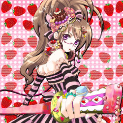 Rule 34 | 1girl, bad id, bad pixiv id, bare shoulders, beads, blueberry, bow, brown hair, cake, food, food as clothes, food-themed clothes, food-themed hair ornament, food-themed ornament, foreshortening, fruit, glasses, hair bow, hair ornament, hairclip, heart, jewelry, katana, kuroto usagi, looking back, lots of jewelry, macaron, mouth hold, original, pocky, ponytail, purple eyes, ring, solo, strawberry, striped, sword, weapon